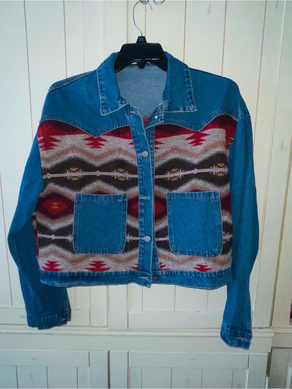 Miss Sparkling Southwestern Aztec Light Wash Denim Jean Jacket XL